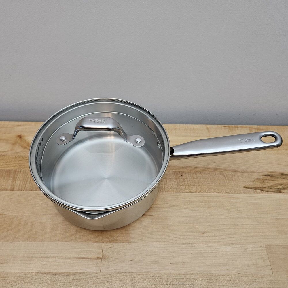 T-Fal Stainless Steel 2.85 qt. Cook and Strain Saucepan Pour Spouts + Glass Lid